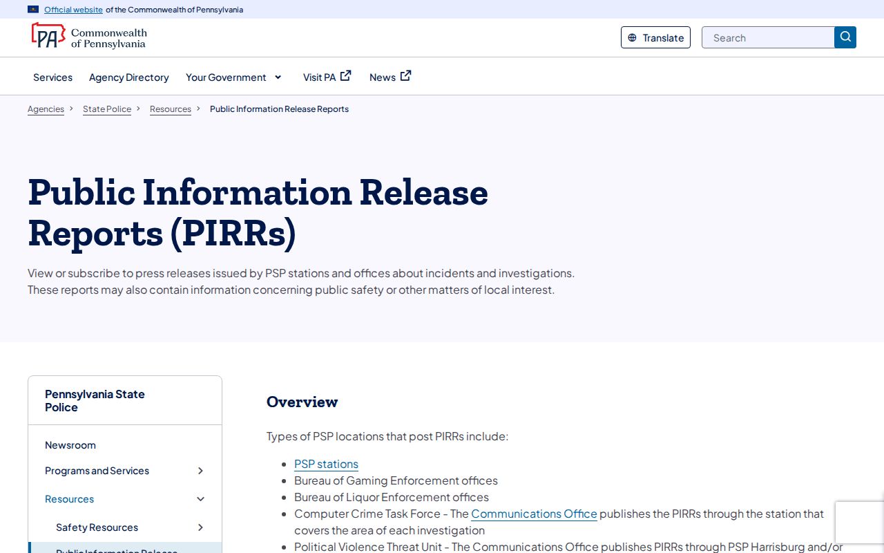 Sullivan County arrest-record source at Pennsylvania State Police public information reports